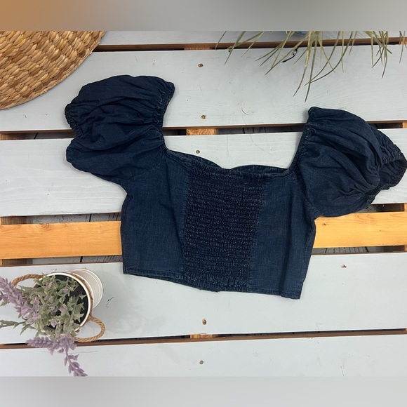 ASOS Design Dark Denim Crop Top with Puff Sleeve Size US 6 - Picture 3 of 9